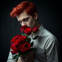 A young adult vampire with striking red hair holding and smelling a bouquet of vibrant red roses against a dark, moody background