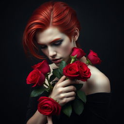 A young adult vampire with striking red hair holding and smelling a bouquet of vibrant red roses against a dark, moody background