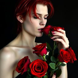 A young adult vampire with striking red hair holding and smelling a bouquet of vibrant red roses against a dark, moody background