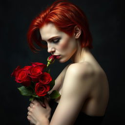 A young adult vampire with striking red hair holding and smelling a bouquet of vibrant red roses against a dark, moody background