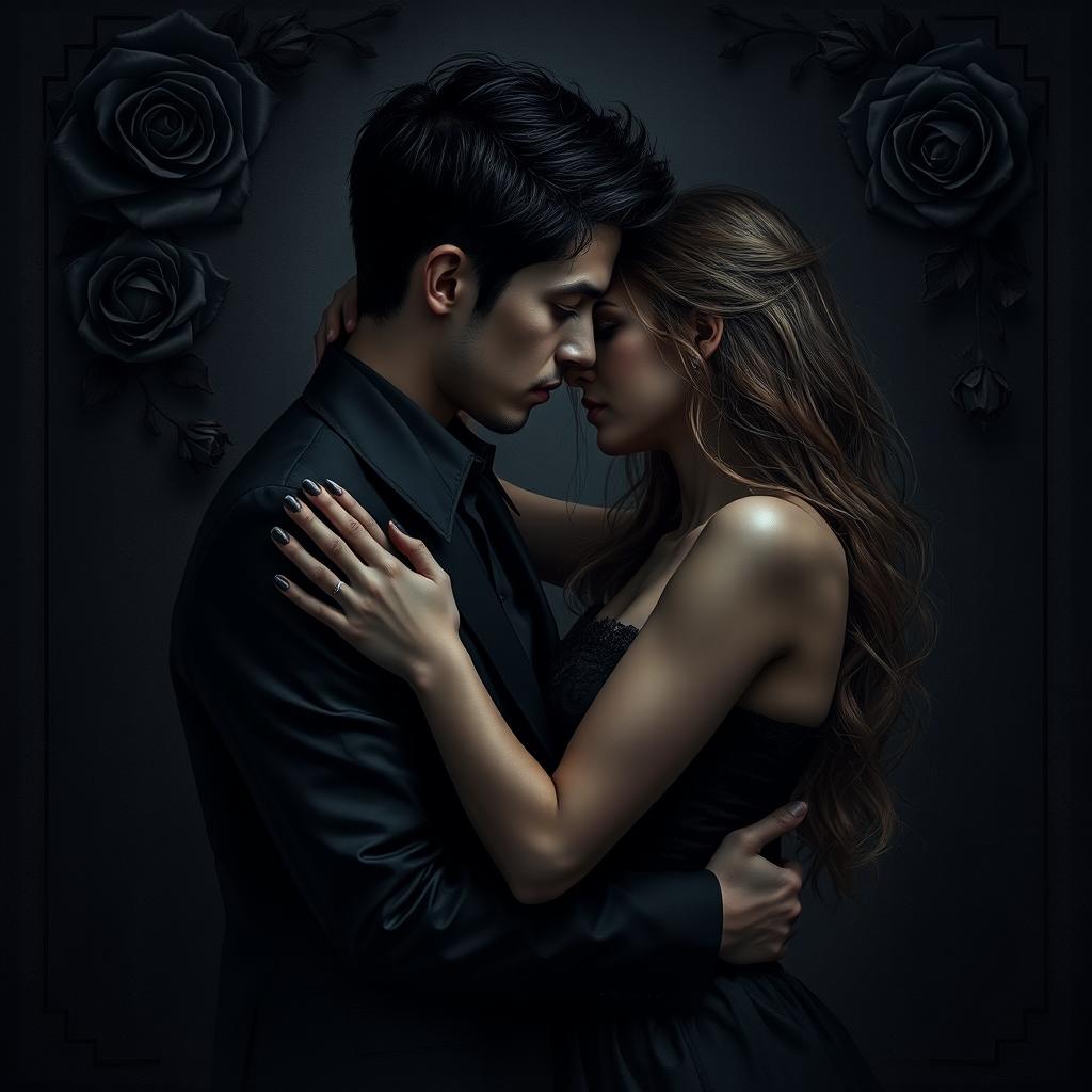 A dark romance scene featuring a couple in an intimate embrace