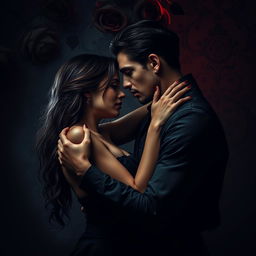 A dark romance scene featuring a couple in an intimate embrace