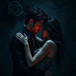 A dark romance scene featuring a couple in an intimate embrace