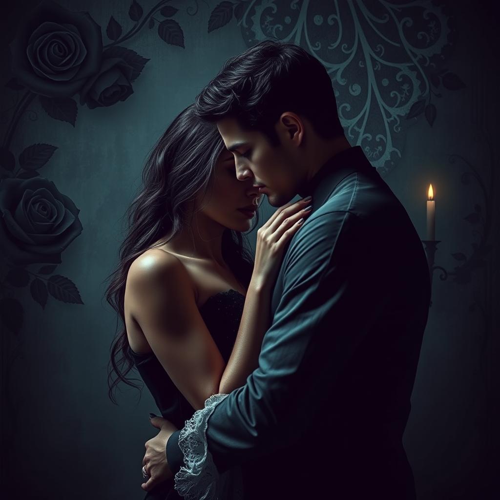 A dark romance scene featuring a couple in an intimate embrace