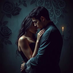 A dark romance scene featuring a couple in an intimate embrace