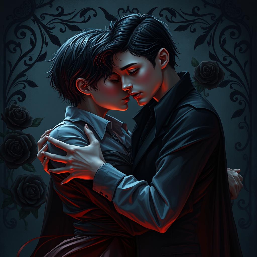 A dark romance scene featuring two young teenage vampires in an intimate embrace