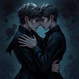 A dark romance scene featuring two young teenage vampires in an intimate embrace