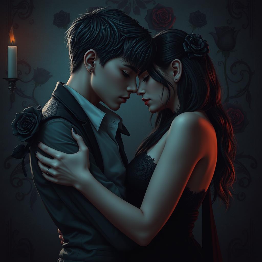 A dark romance scene featuring two young teenage vampires in an intimate embrace