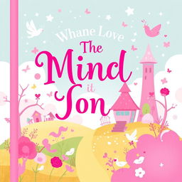 Create a whimsical book cover with a predominantly pink color scheme