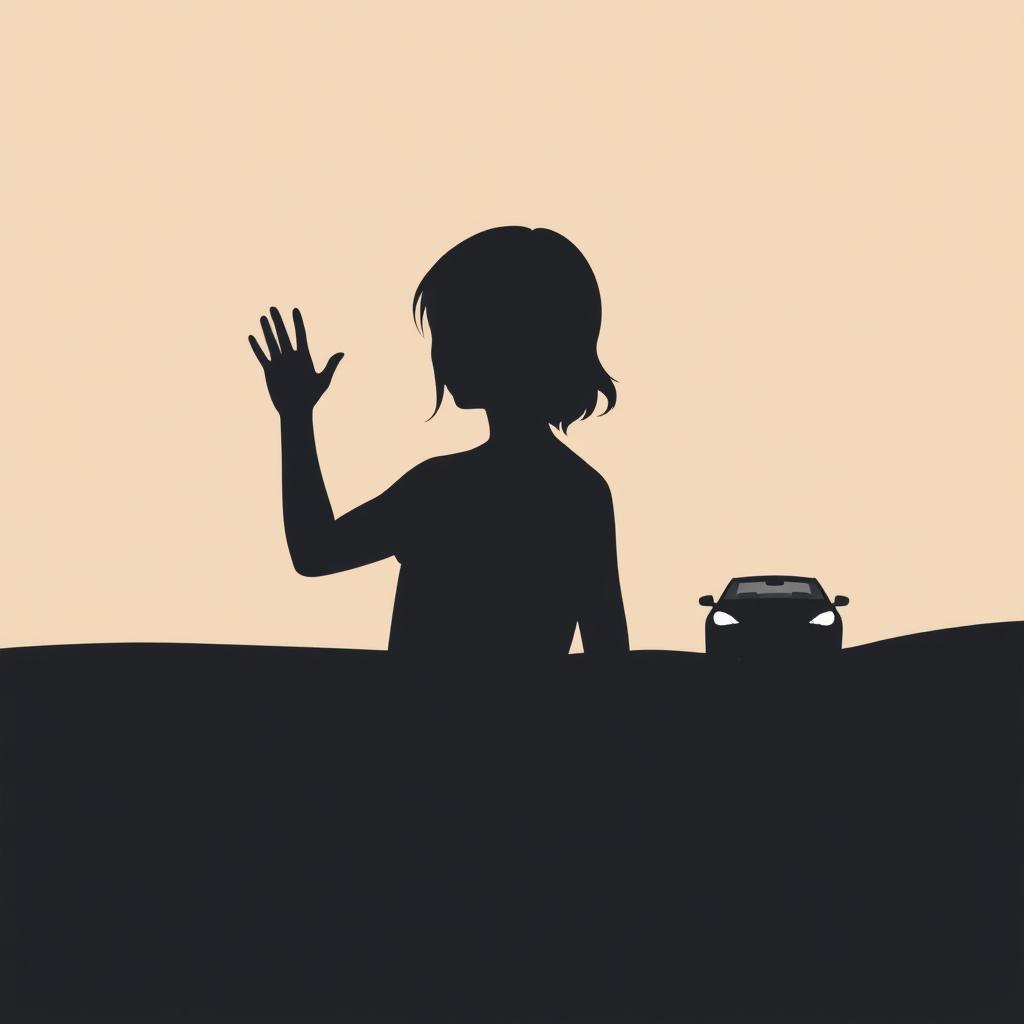 The outline of a girl waving goodbye to a car driving away