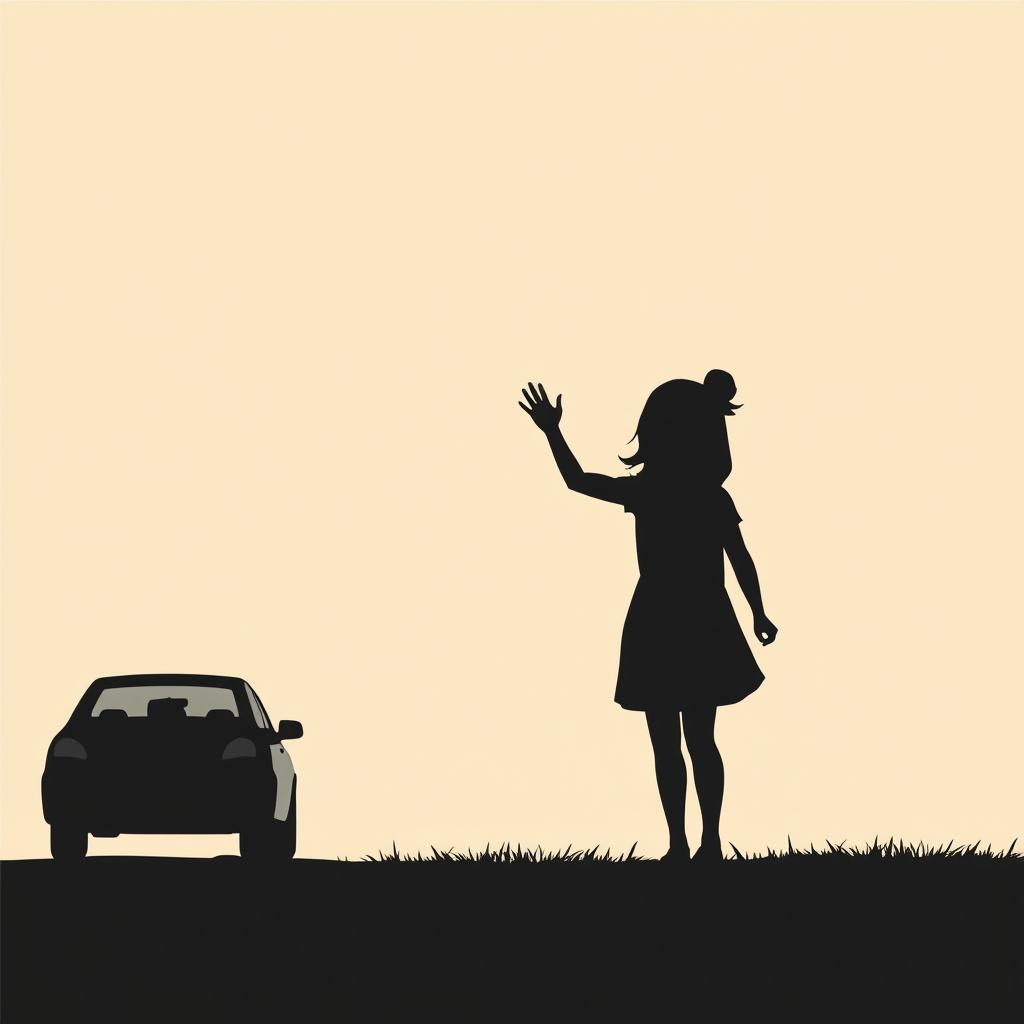 The outline of a girl waving goodbye to a car driving away