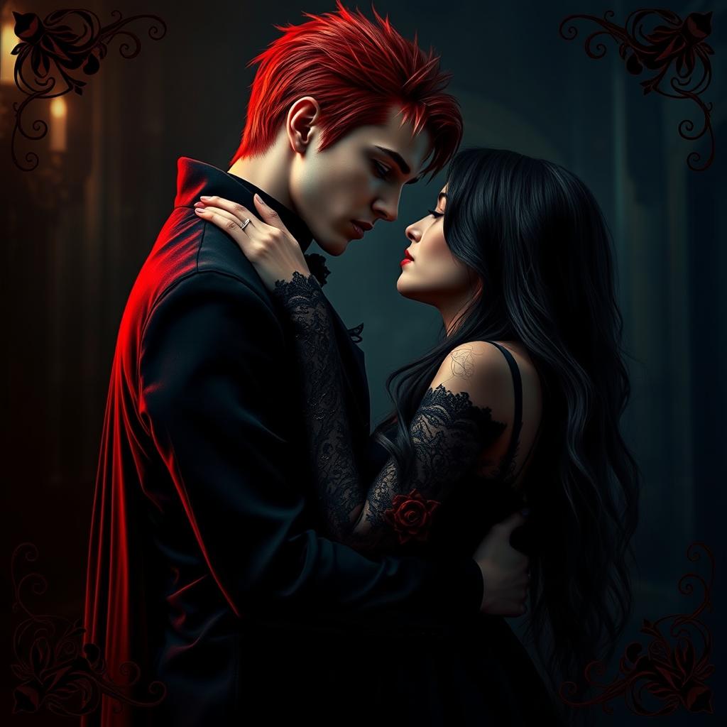 A dark romance scene featuring a young adult vampire with striking red hair and a young adult woman with long black hair