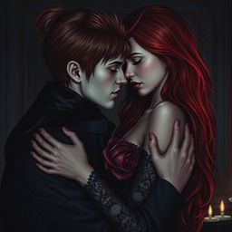 A dark romance scene featuring a young adult vampire with striking red hair and a young adult woman with long black hair