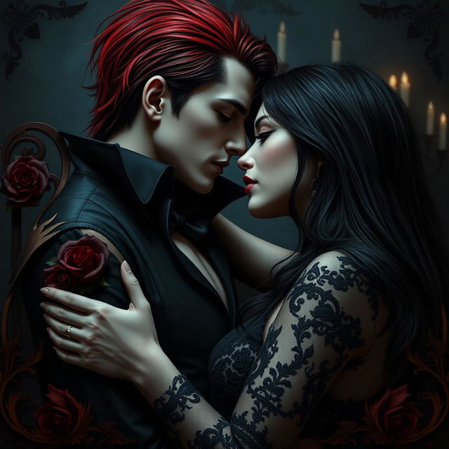 A dark romance scene featuring a young adult vampire with striking red hair and a young adult woman with long black hair