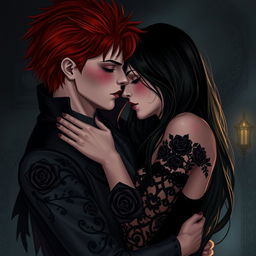 A dark romance scene featuring a young adult vampire with striking red hair and a young adult woman with long black hair