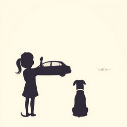 The silhouette of a girl with her hair up in a ponytail, with a dog sitting next to her, waving to a car that is driving away