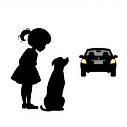 The silhouette of a girl with her hair up in a ponytail, with a dog sitting next to her, waving to a car that is driving away