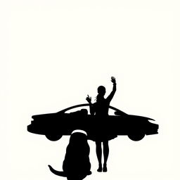 The silhouette of a girl with her hair up in a ponytail, with a dog sitting next to her, waving to a car that is driving away