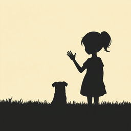 The silhouette of a girl with her hair up in a ponytail, with a dog sitting next to her, waving to a car that is driving away