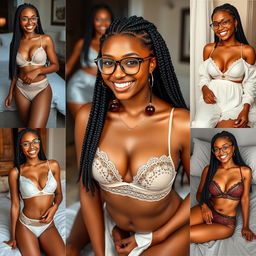 Create a series of images featuring a beautiful Black girl with long box braids and glasses, based on the provided reference images