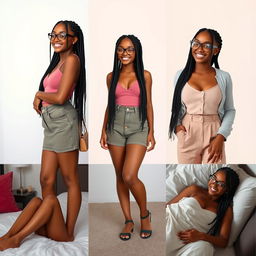 Create a series of images featuring a beautiful Black girl with long box braids and glasses, based on the provided reference images