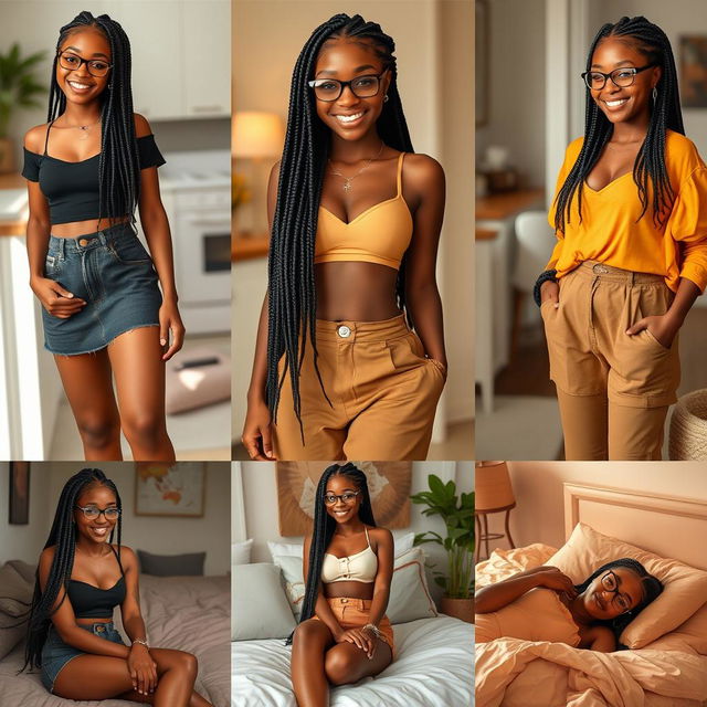 Create a series of images featuring a beautiful Black girl with long box braids and glasses, based on the provided reference images