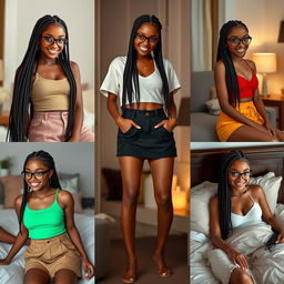 Create a series of images featuring a beautiful Black girl with long box braids and glasses, based on the provided reference images