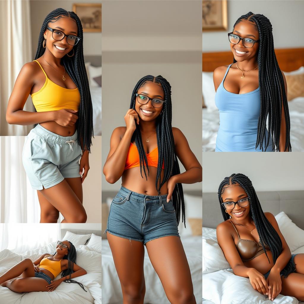 Create a series of images featuring a beautiful Black girl with long box braids and glasses, based on the provided reference images