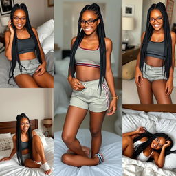 Create a series of images featuring a beautiful Black girl with long box braids and glasses, based on the provided reference images