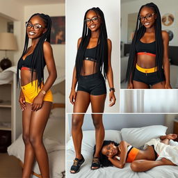 Create a series of images featuring a beautiful Black girl with long box braids and glasses, based on the provided reference images