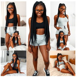 Create a series of images featuring a beautiful Black girl with long box braids and glasses, based on the provided reference images