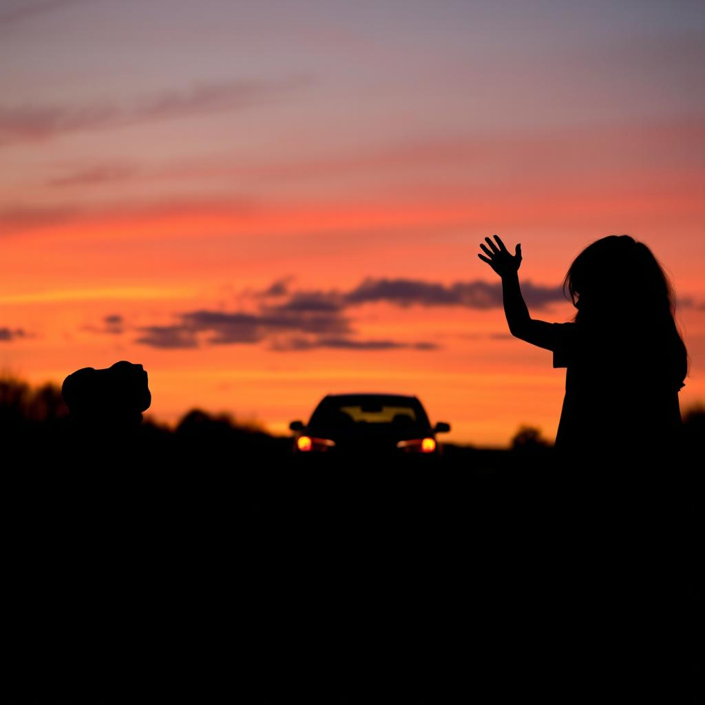 The silhouette of a girl and her dog waving goodbye to a car that is driving away in the distance