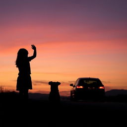 The silhouette of a girl and her dog waving goodbye to a car that is driving away in the distance