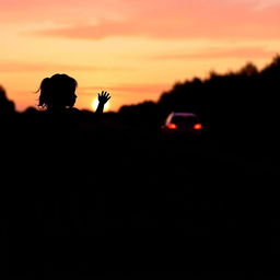 The silhouette of a girl and her dog waving goodbye to a car that is driving away in the distance