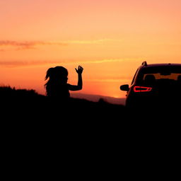 The silhouette of a girl and her dog waving goodbye to a car that is driving away in the distance