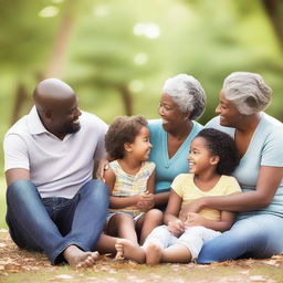 Create a heartwarming image featuring a diverse family enjoying a day together