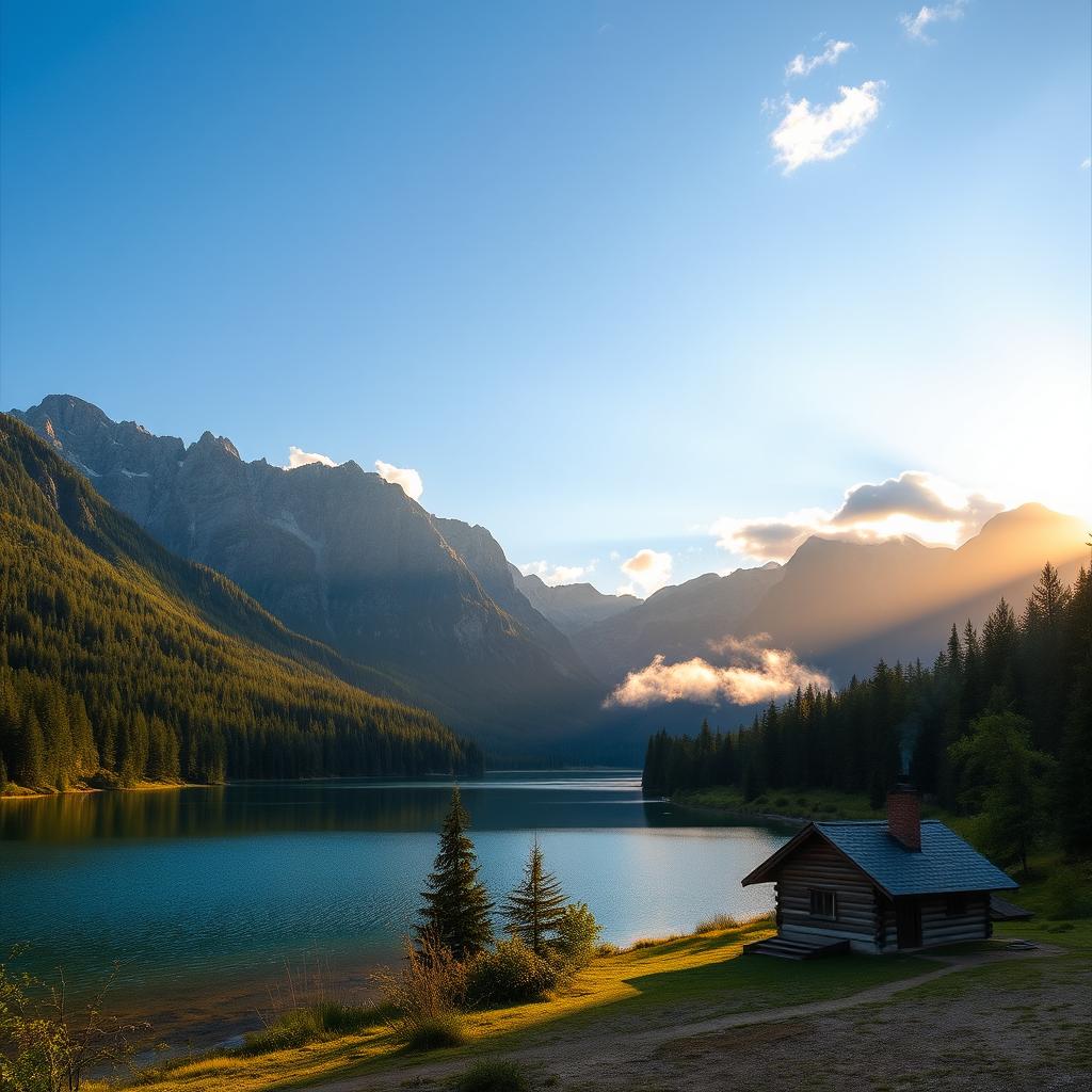 A beautiful landscape featuring a serene lake surrounded by lush green forests and majestic mountains in the background