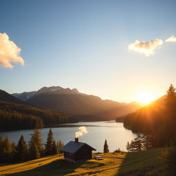 A beautiful landscape featuring a serene lake surrounded by lush green forests and majestic mountains in the background