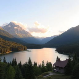 A beautiful landscape featuring a serene lake surrounded by lush green forests and majestic mountains in the background