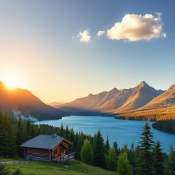 A beautiful landscape featuring a serene lake surrounded by lush green forests and majestic mountains in the background