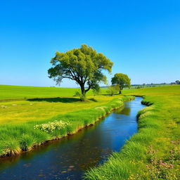 Create an image that is suitable for all audiences and features a serene landscape with a clear blue sky, lush green fields, and a gentle river flowing through the scene