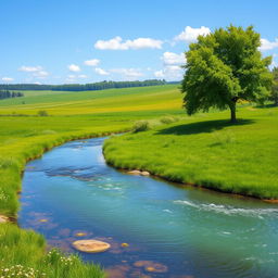 Create an image that is suitable for all audiences and features a serene landscape with a clear blue sky, lush green fields, and a gentle river flowing through the scene