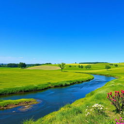 Create an image that is suitable for all audiences and features a serene landscape with a clear blue sky, lush green fields, and a gentle river flowing through the scene