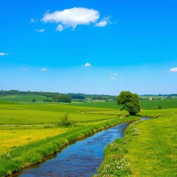 Create an image that is suitable for all audiences and features a serene landscape with a clear blue sky, lush green fields, and a gentle river flowing through the scene