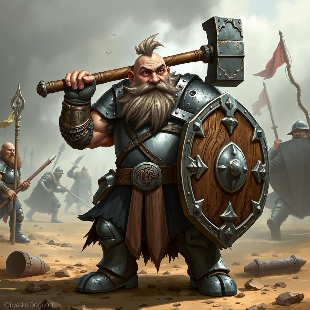 A detailed image of Rykard, a dwarf soldier, wielding a massive warhammer and a sturdy shield