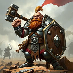 A detailed image of Rykard, a dwarf soldier, wielding a massive warhammer and a sturdy shield