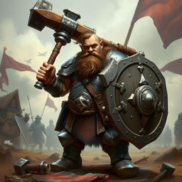 A detailed image of Rykard, a dwarf soldier, wielding a massive warhammer and a sturdy shield