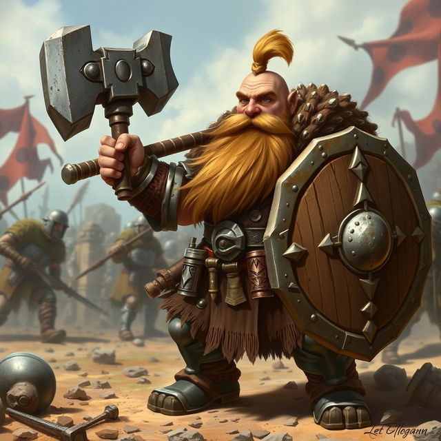 A detailed image of Rykard, a dwarf soldier, wielding a massive warhammer and a sturdy shield