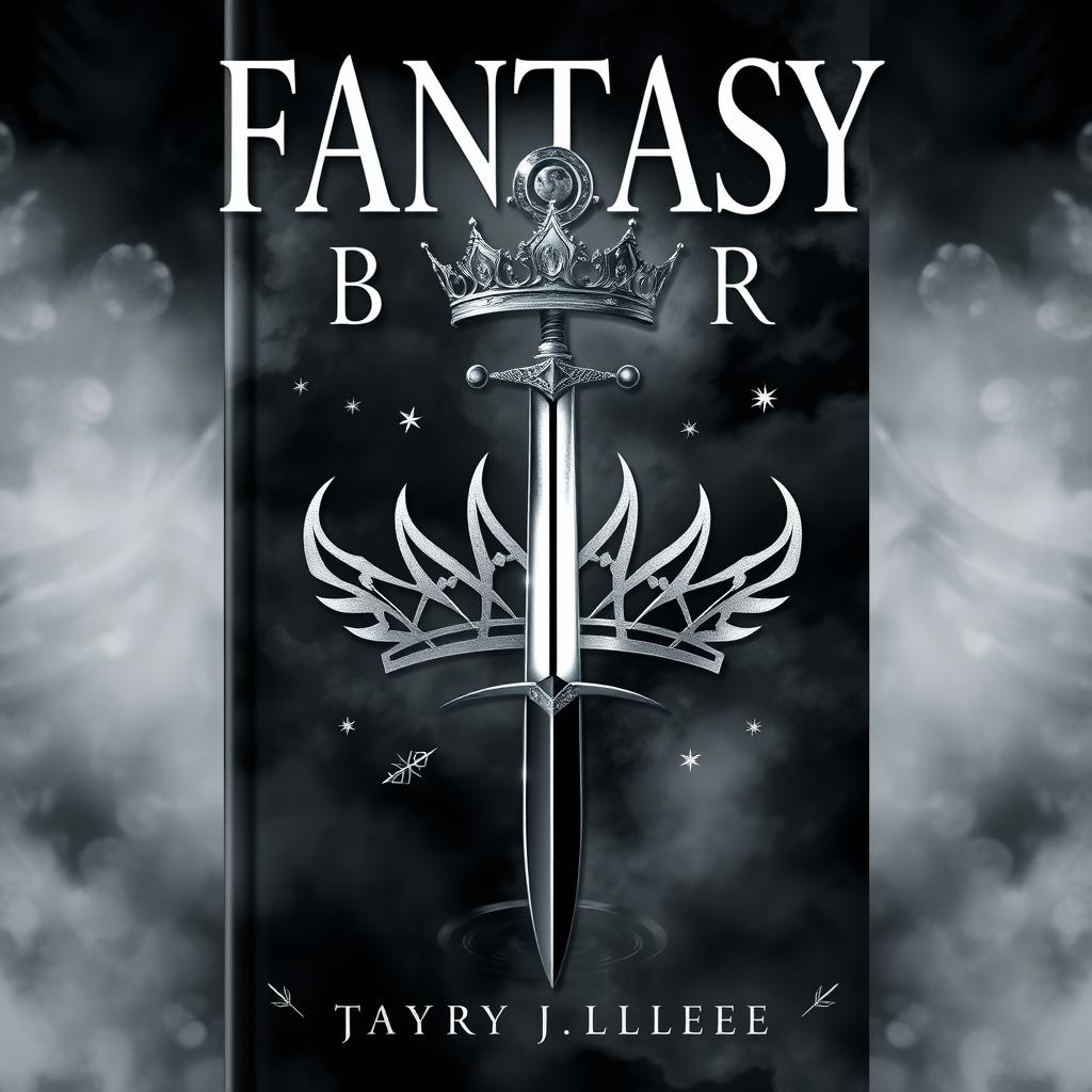 Create a fantasy book cover featuring a black and white misty background