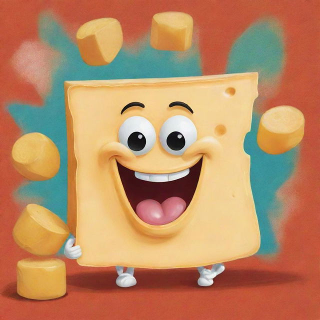 A caricature of a cheese named Caseoh, happily nibbling on a piece of cheese that looks just like itself, set against a vibrant, joyful background